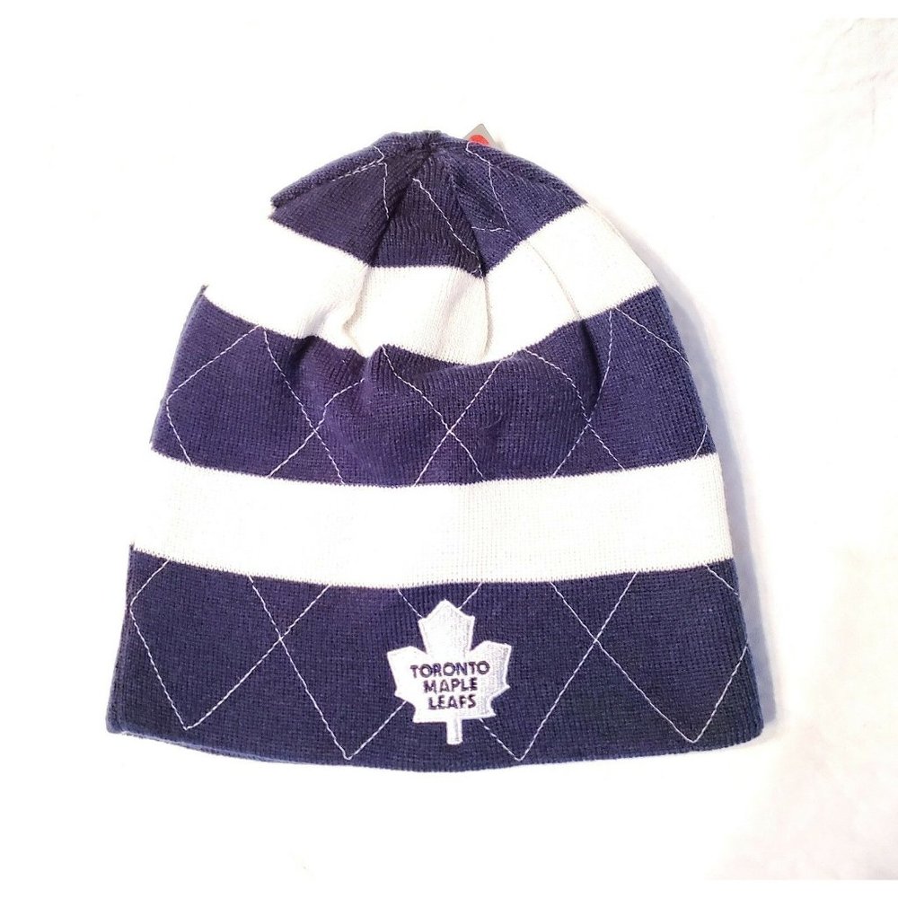 TORONTO MAPLE LEAFS REV BLUE/WHITE STRIPES CUFFLESSKNIT BEANIE HAT SKI CAP NWT